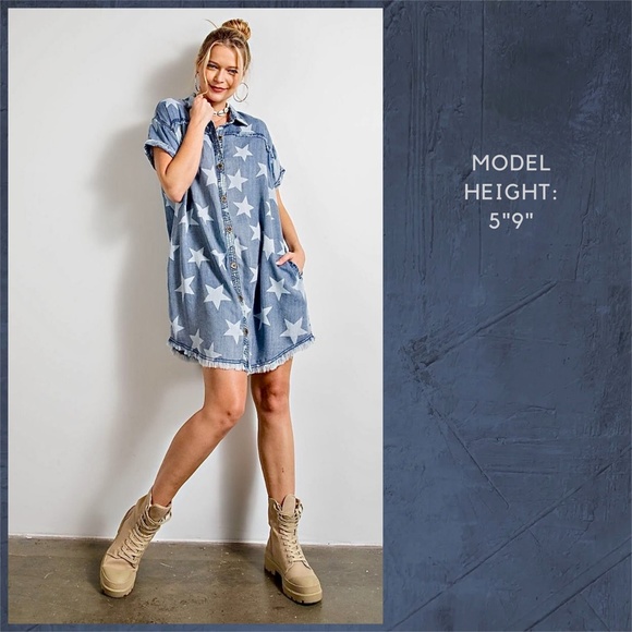 EASEL "Twinkle Star" Lightweight Cotton Denim Shirt Dress Button Up W/ Raw Seams - Picture 11 of 16